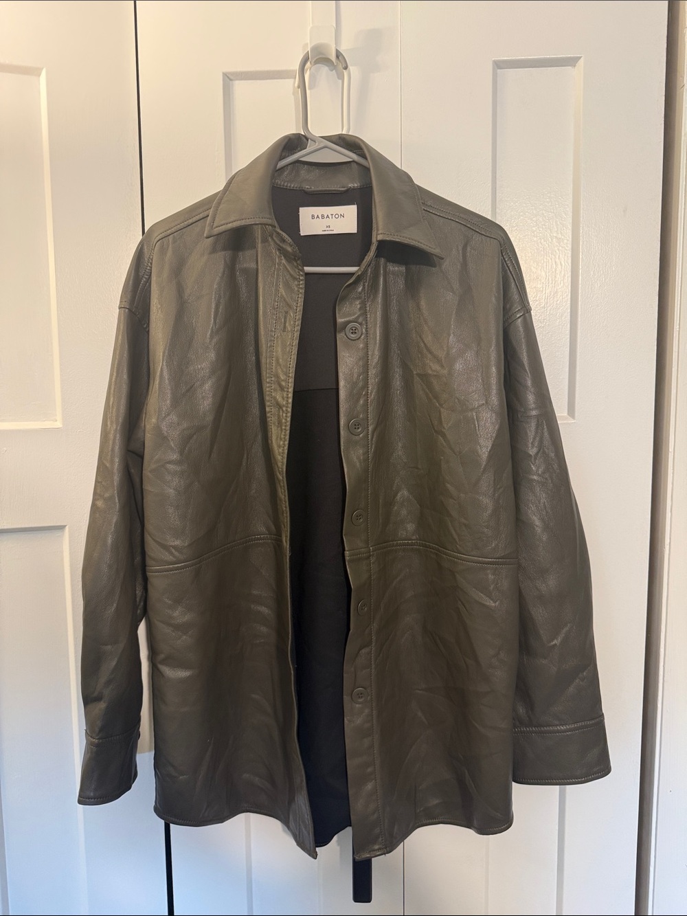 Womenβs Babaton Olive Green Lightweight Faux Leather Shirt Jacket
